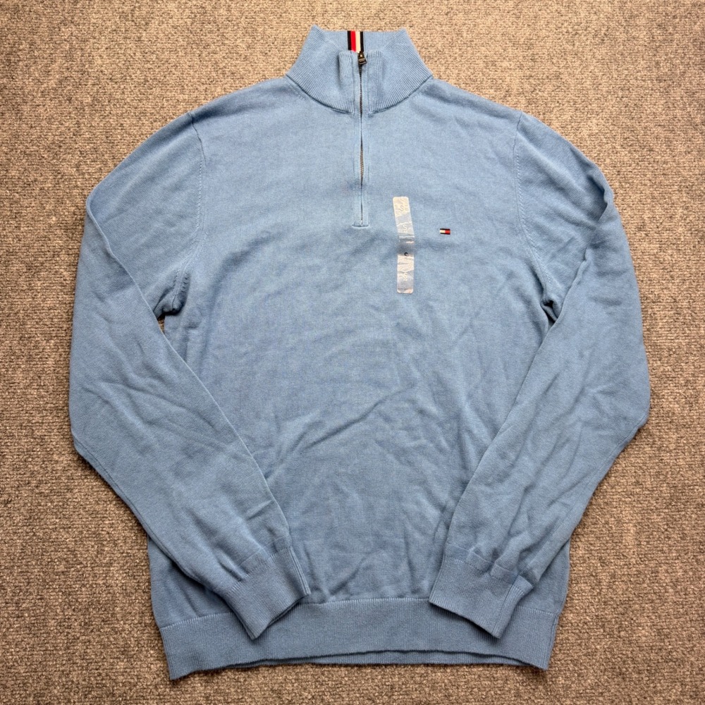 Tommy Hilfiger Mens Quarter Zip Sweater Light Blue Mock Neck Size S NWT